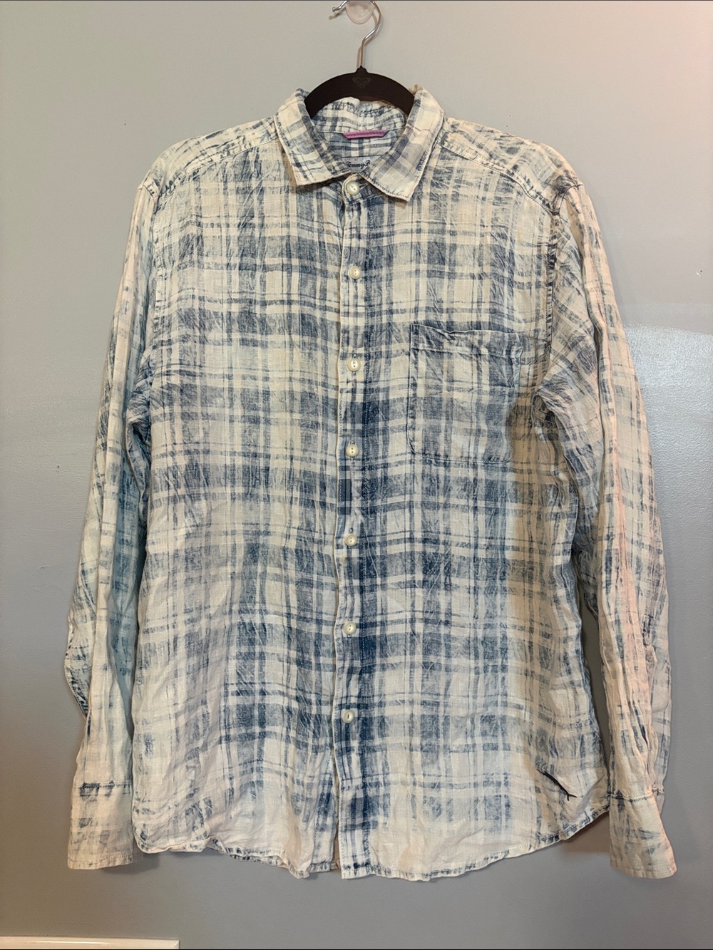 Tommy Bahama Men’s M Blue Plaid 100% Linen Long Sleeve Button Up Shirt